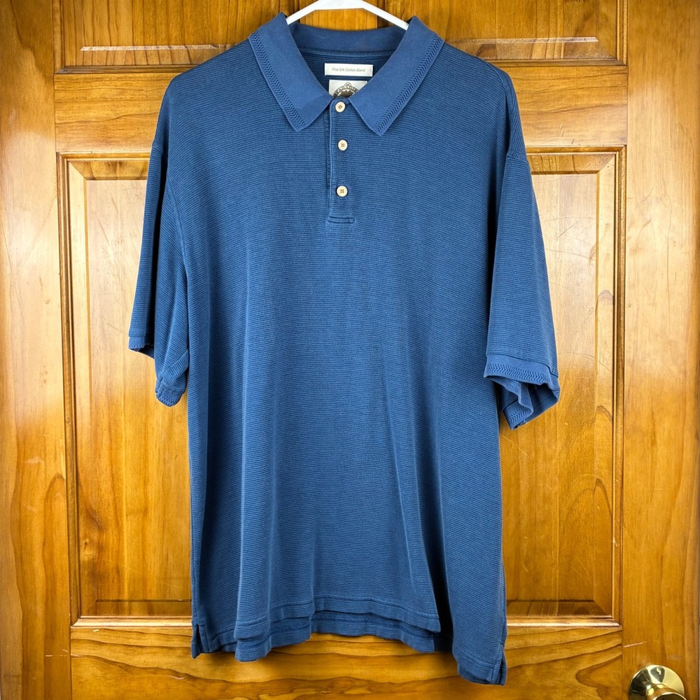 Vtg Mens XL Blue Silk Cotton Blend Ribbed Short Sleeve Polo Shirt Dadcore Beach